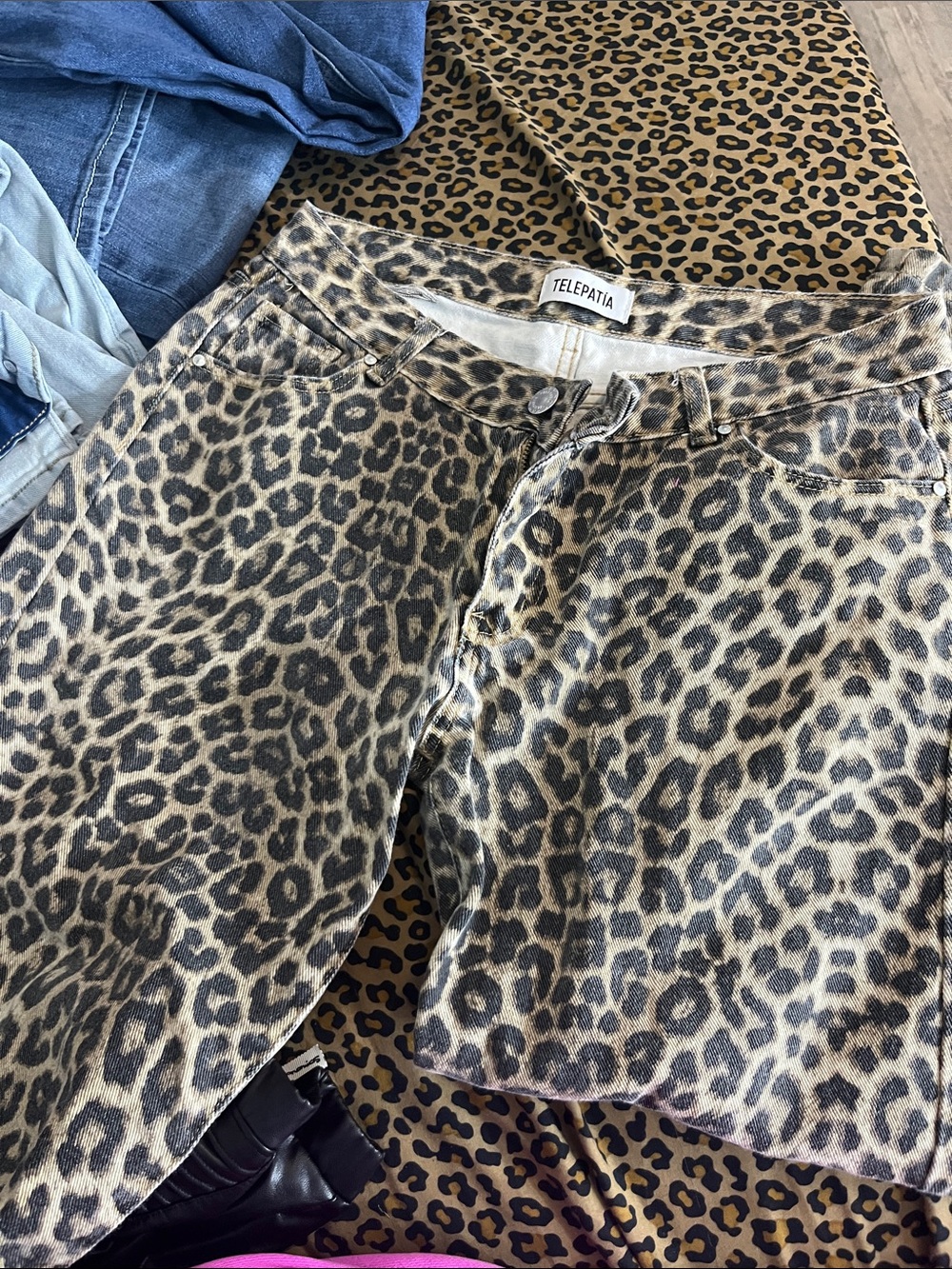 Telepatia Women's Leopard Print Denim Shorts in Neutral Brown